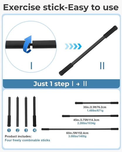 Exercise stick with assembly instructions and product details on a blue background