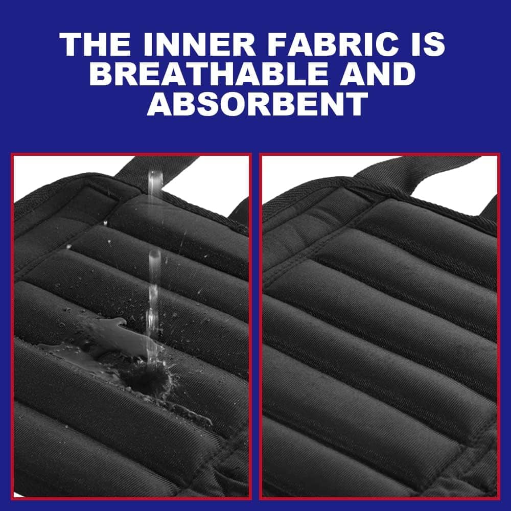 Text indicating breathable and absorbent inner fabric with close-up images of water droplets on a black quilted surface.