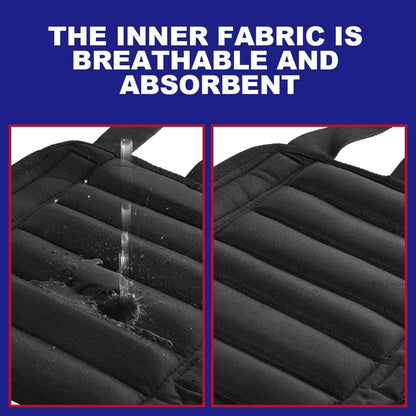 Text indicating breathable and absorbent inner fabric with close-up images of water droplets on a black quilted surface.
