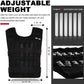 Black adjustable weight vest with measurement details and steel plates on a white background