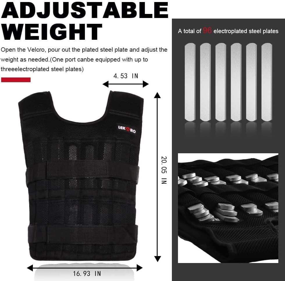 Black adjustable weight vest with measurement details and steel plates on a white background
