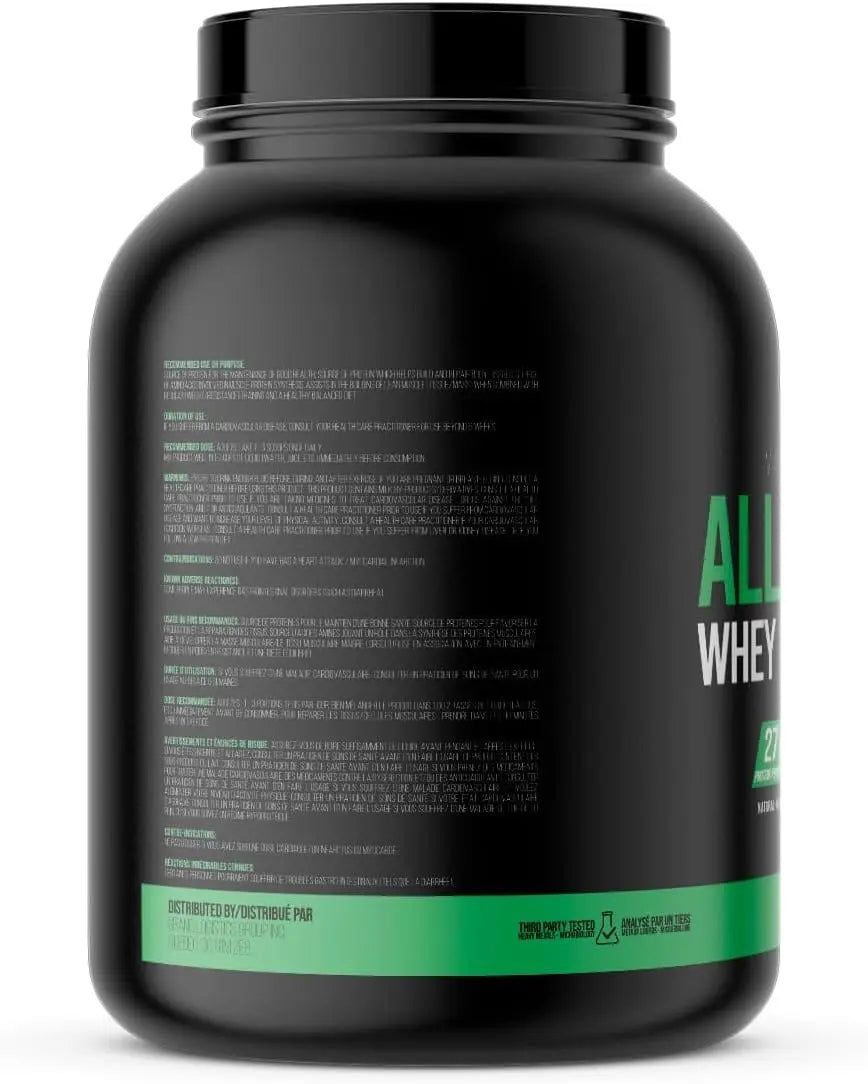 Black container of Alliant Whey protein powder with green label