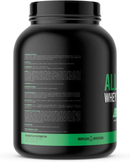 Black container of Alliant Whey protein powder with green label