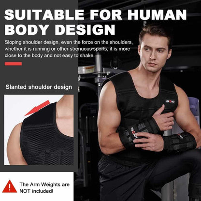 Man wearing a black weight vest with text about its design and suitability for human body design.