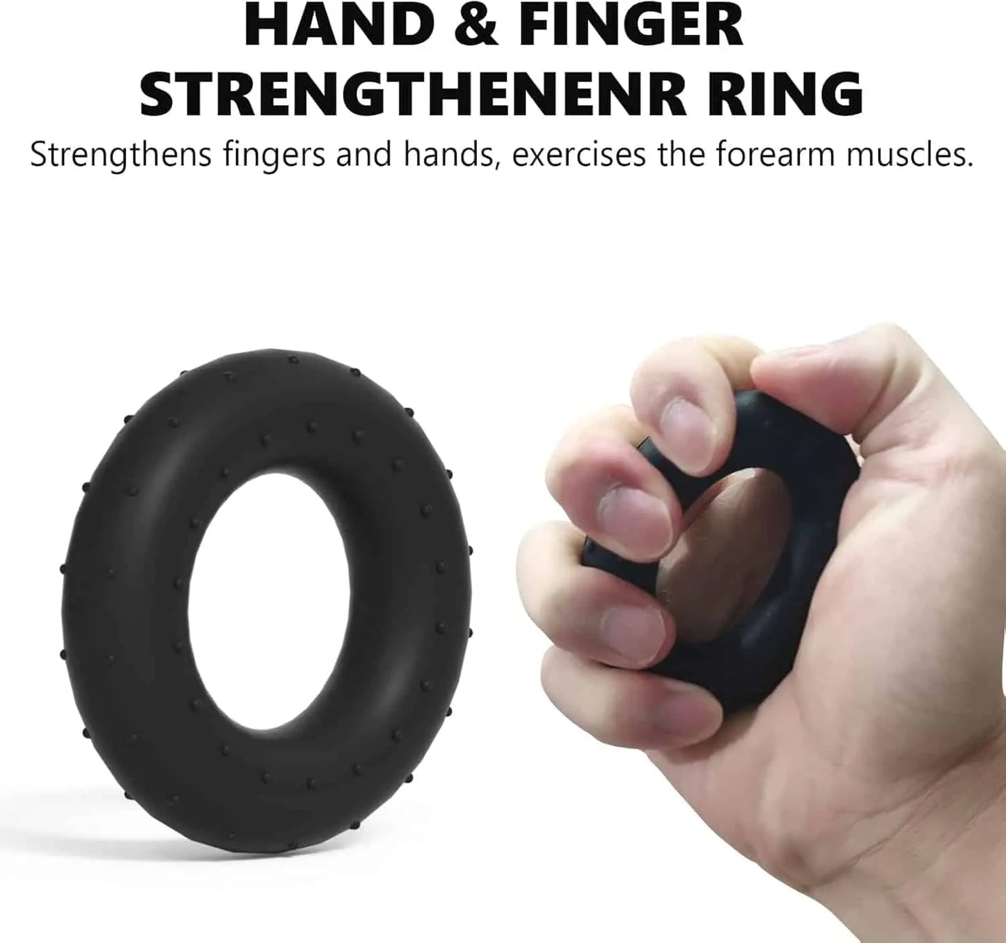 Black hand and finger strengthener ring with a hand using it on a white background