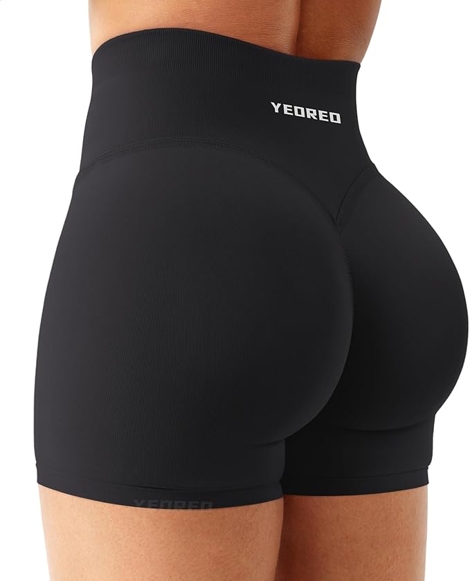 Black athletic shorts with 'YEOREO' branding on a white background