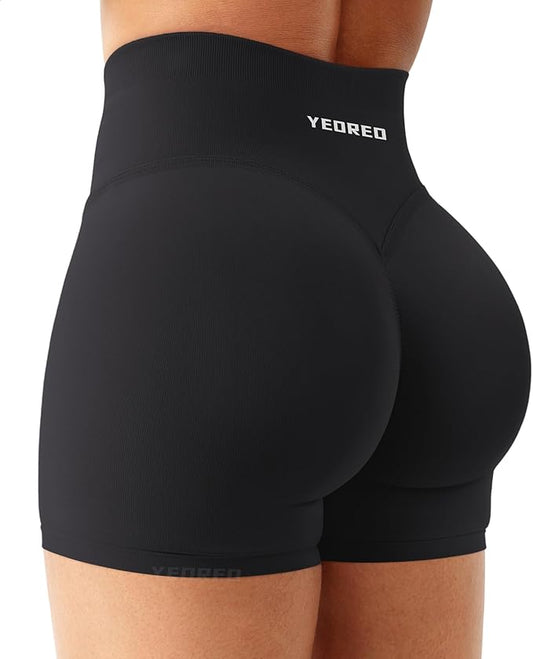 Black athletic shorts with 'YEOREO' branding on a white background