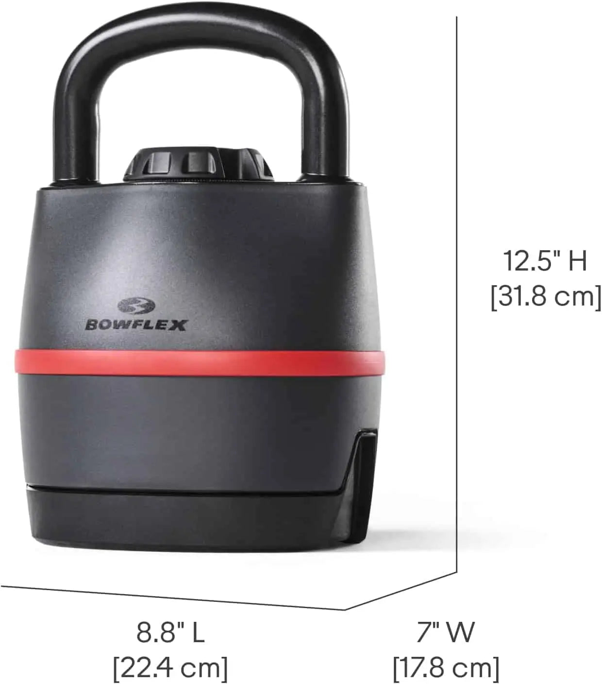 Black and red Bowflex kettlebell with dimensions displayed
