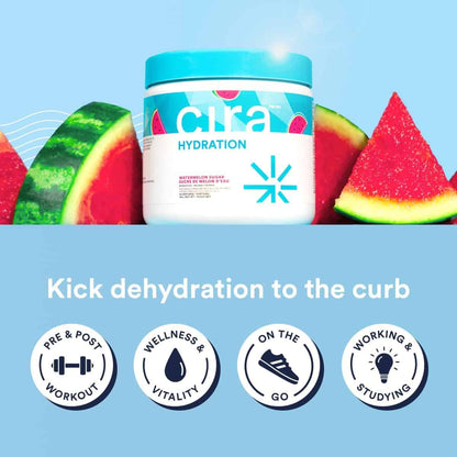 Cira Hydration powder container with watermelon slices on a blue background
