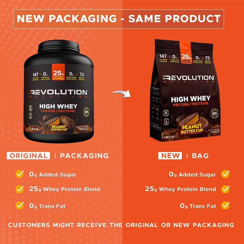 Comparison of Revolution Nutrition protein product packaging on an orange background