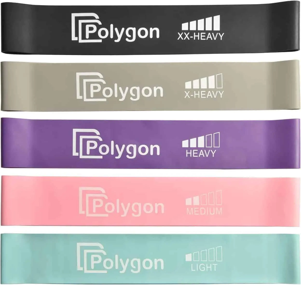 Set of resistance bands with 'Polygon' branding in various colors and weights.