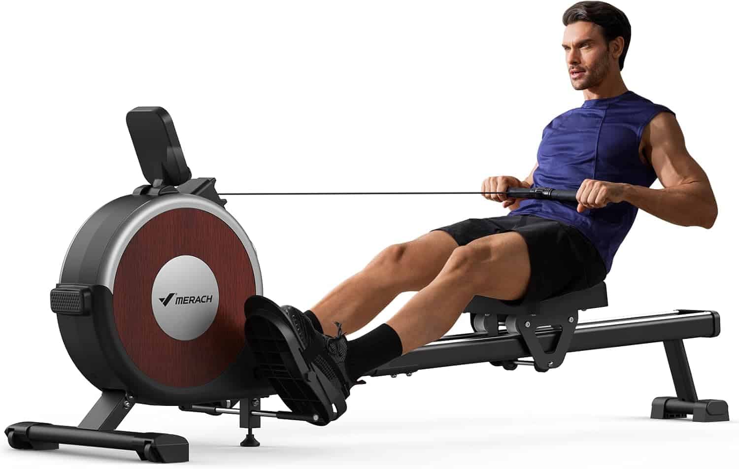 Man using a rowing machine with Merach branding on a white background
