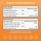 Nutritional label for Organic Peruvian Maca Root capsules on an orange background