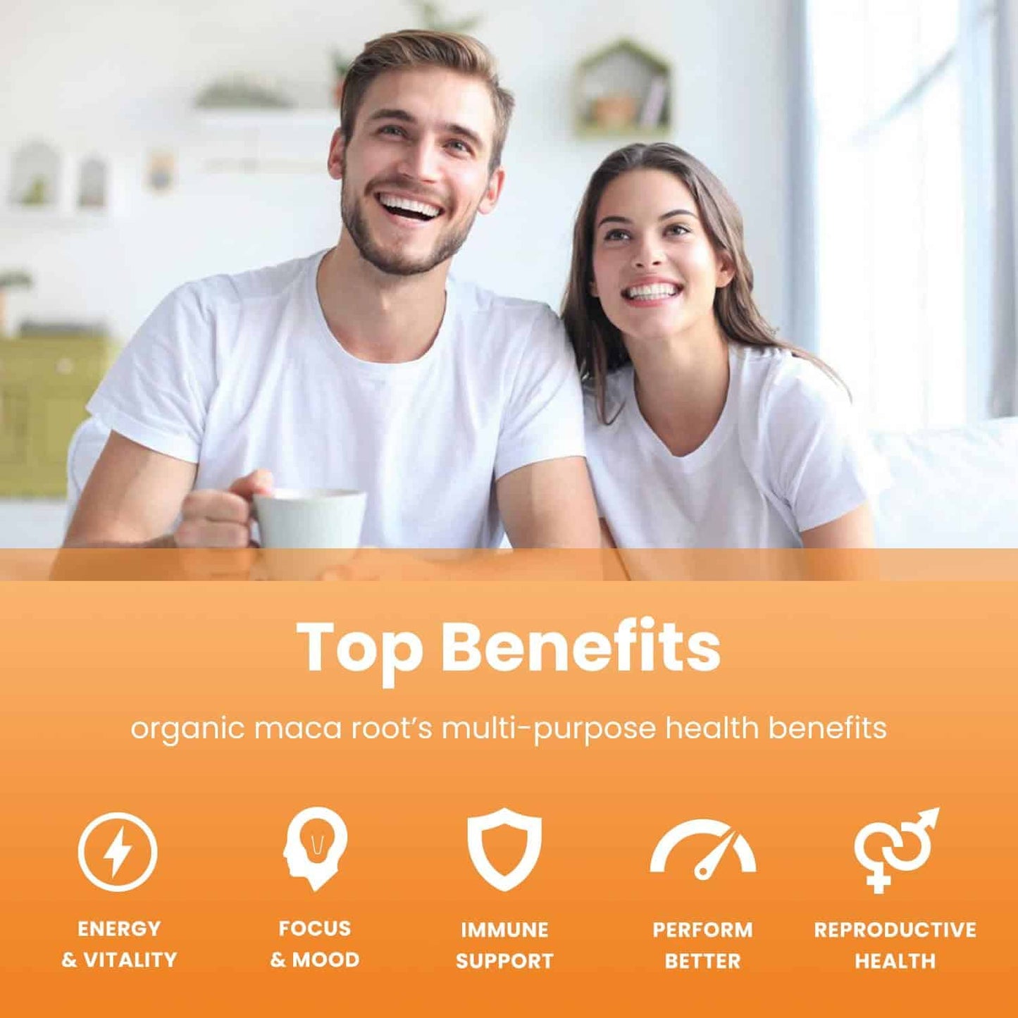 Man and woman sitting together with a cup, promoting organic maca root benefits.