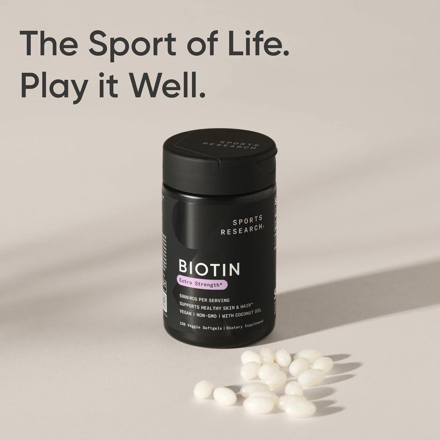 Sports Research Vegan Biotin 5000mcg Softgels bottle with softgels displayed, promoting healthy hair, skin, and nails.