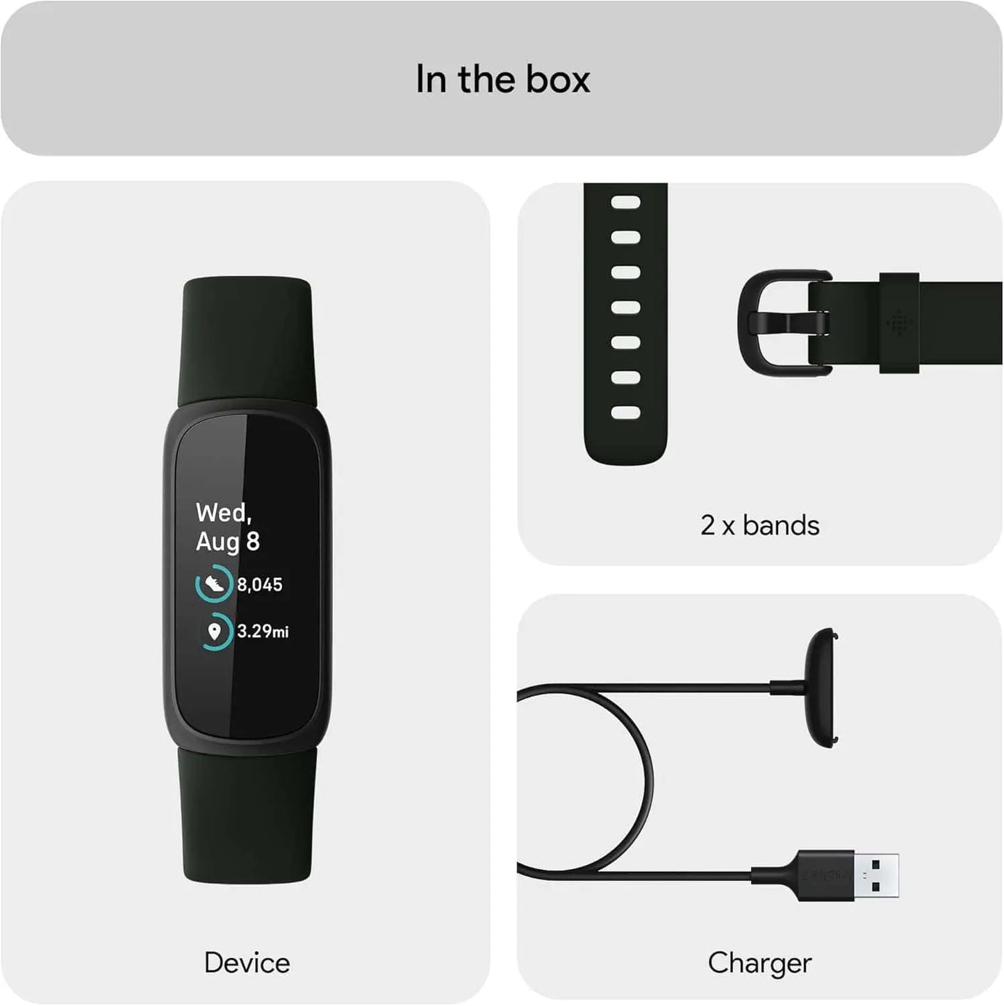 Smartwatch with bands and charger in a box, showing what's included.