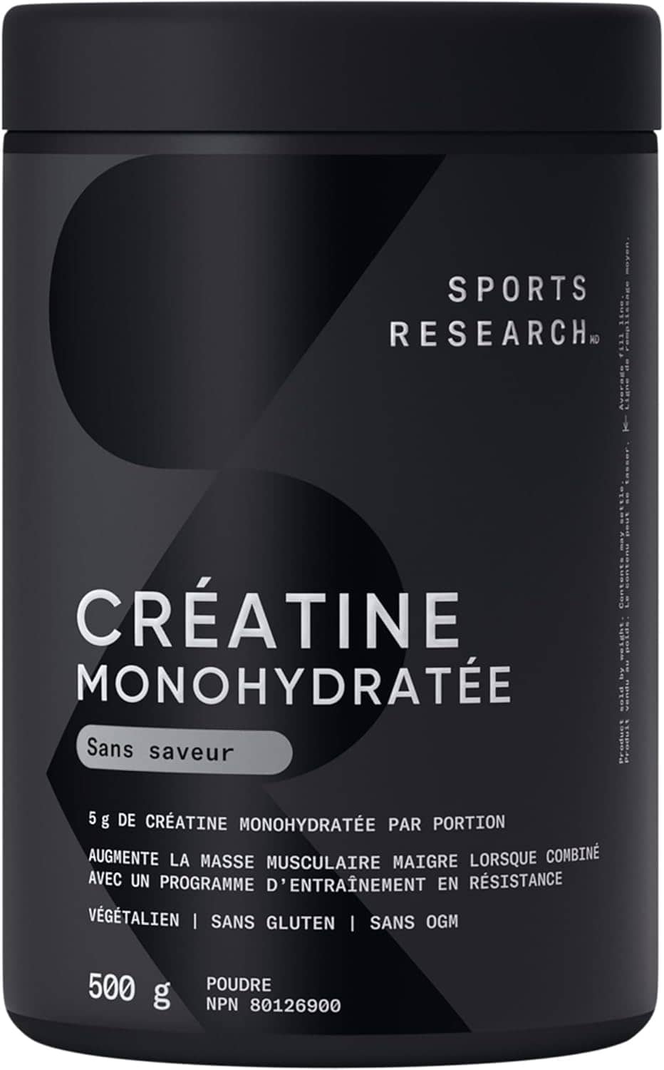 Black container of Sports Research Creatine Monohydrate powder with text on a black background