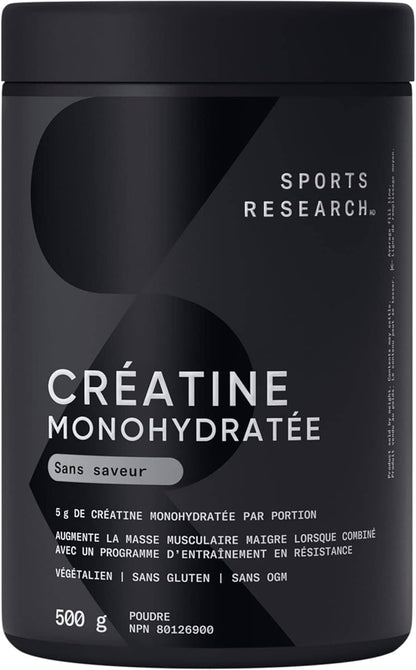 Black container of Sports Research Creatine Monohydrate powder with text on a black background