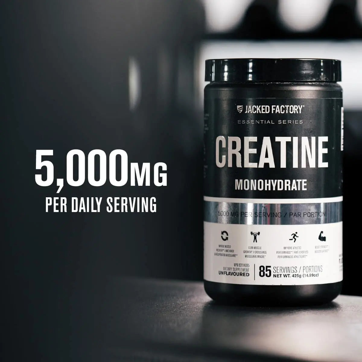 Jacked Factory Creatine Monohydrate supplement container with text on a dark background