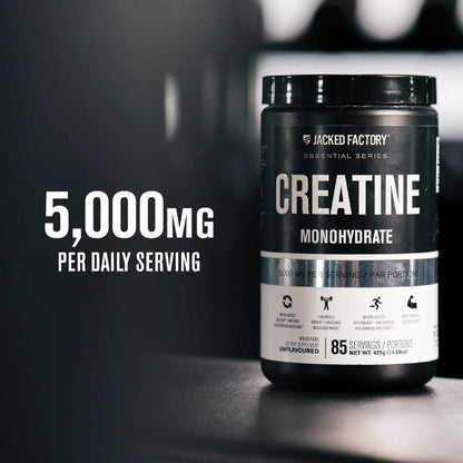 Jacked Factory Creatine Monohydrate supplement container with text on a dark background