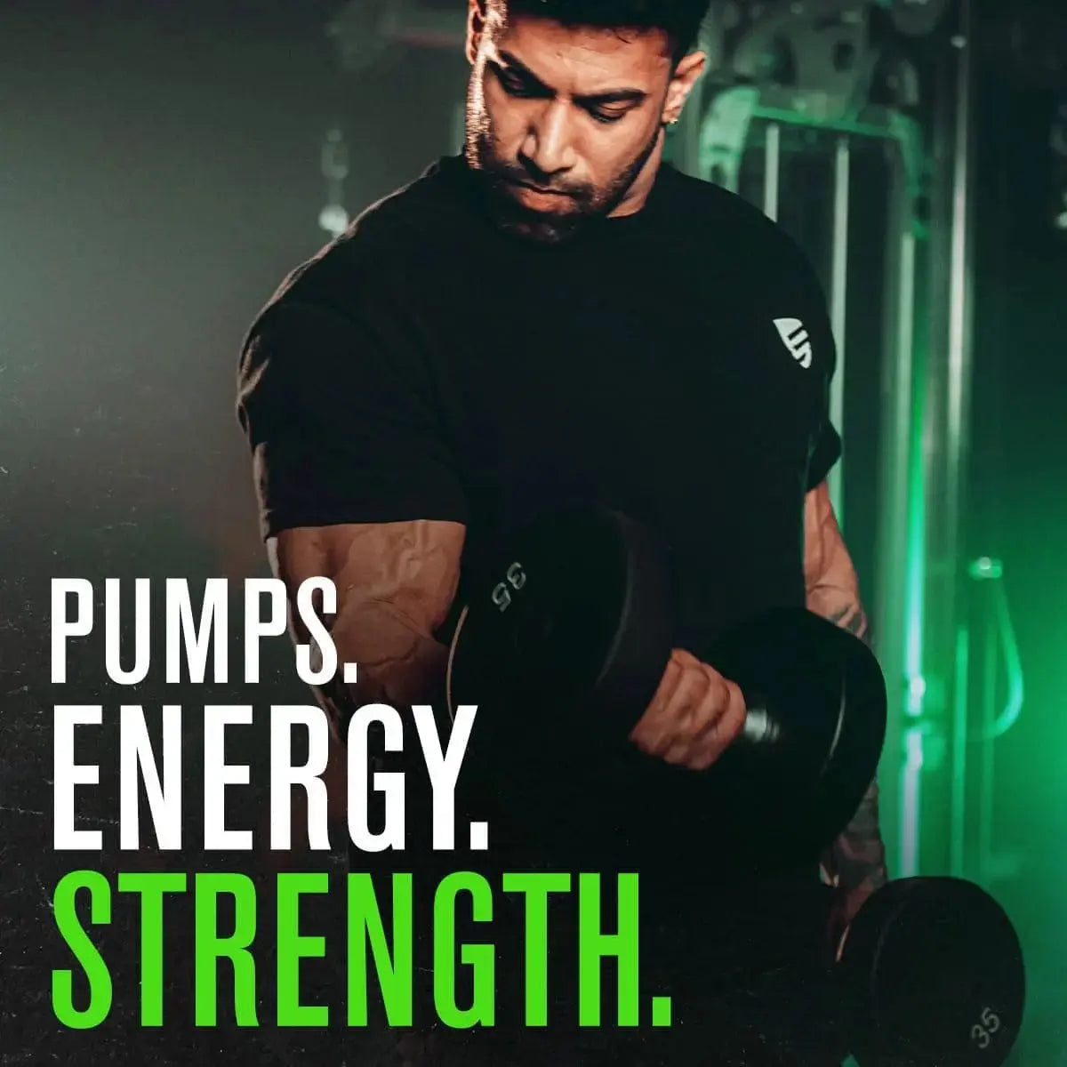 Man lifting weights with motivational text 'Pumps. Energy. Strength.' in a gym setting