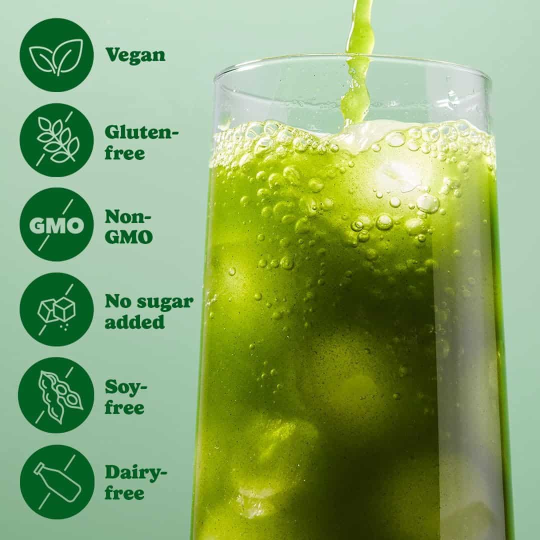Green smoothie being poured into a glass with health benefits icons on a green background