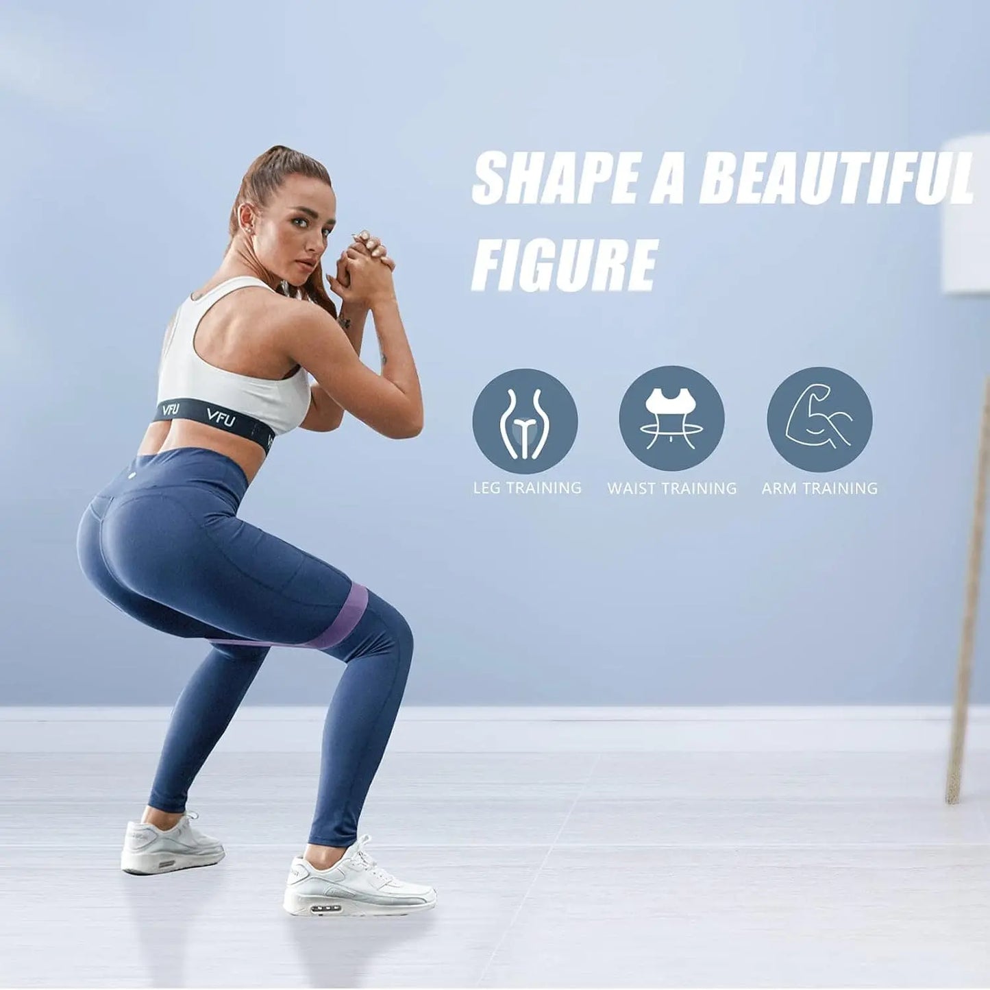Woman in athletic wear posing with text 'Shape a Beautiful Figure' and icons for leg, waist, and arm training.