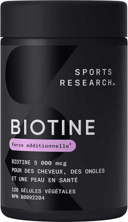 Sports Research Vegan Biotin 5000mcg Softgels for healthy hair, skin, and nails in a black container.