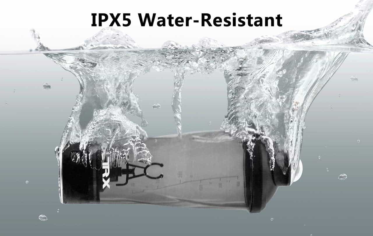 Water-resistant device with water splashing around it, labeled 'IPX5 Water-Resistant'.