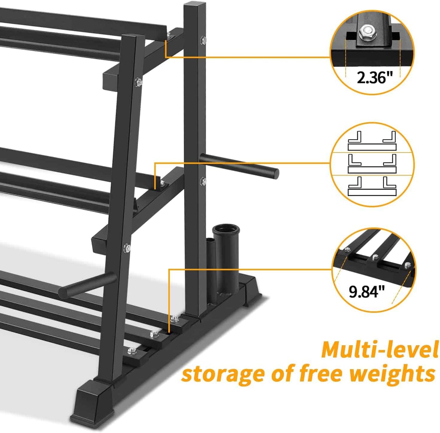 Black weight storage rack with measurements and text on a white background
