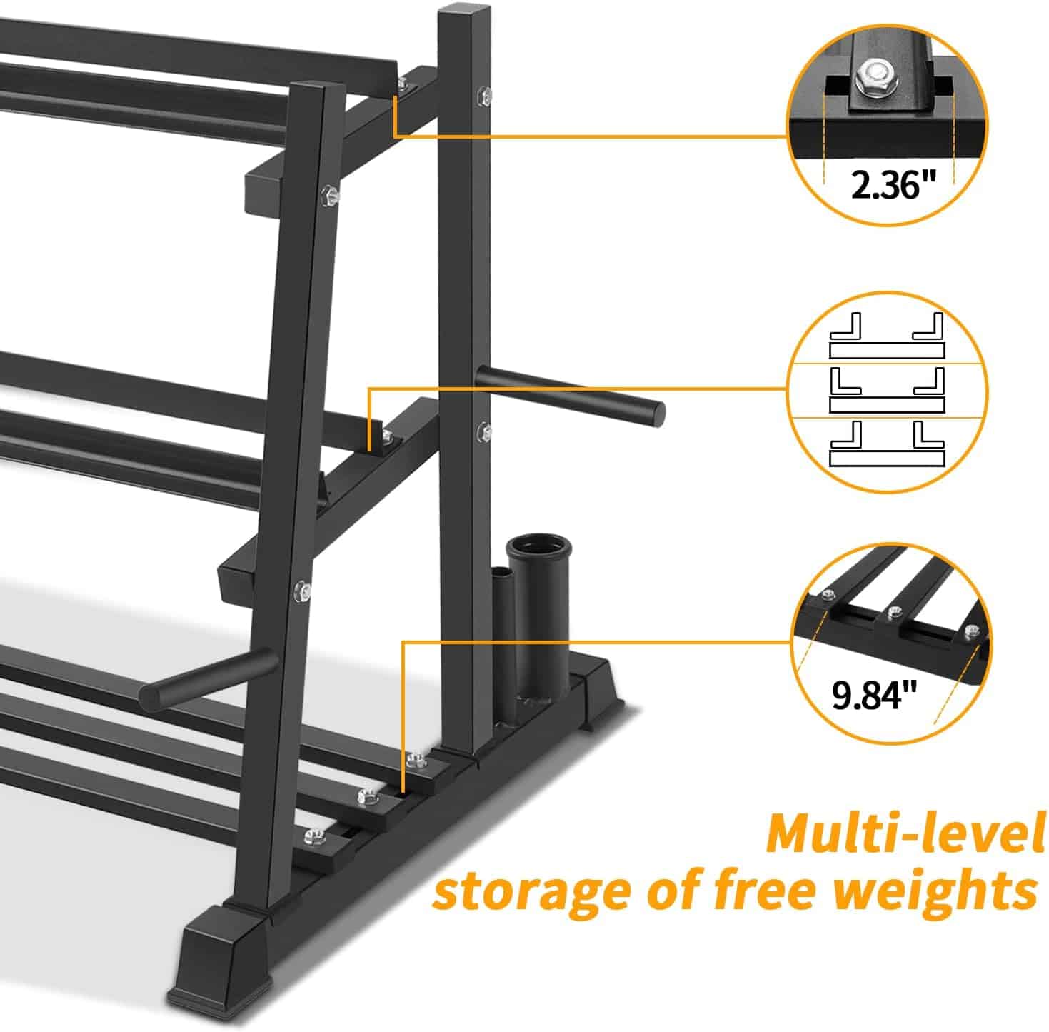 Black weight storage rack with measurements and text on a white background