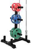 Weight plate storage rack with red, blue, and green weight plates on a white background