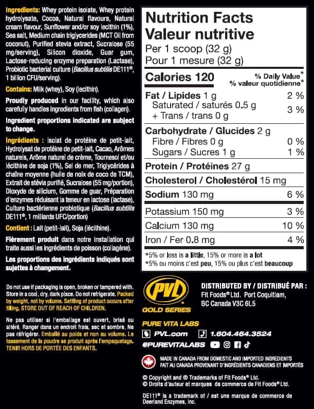Nutrition facts label for a protein product with PVL logo