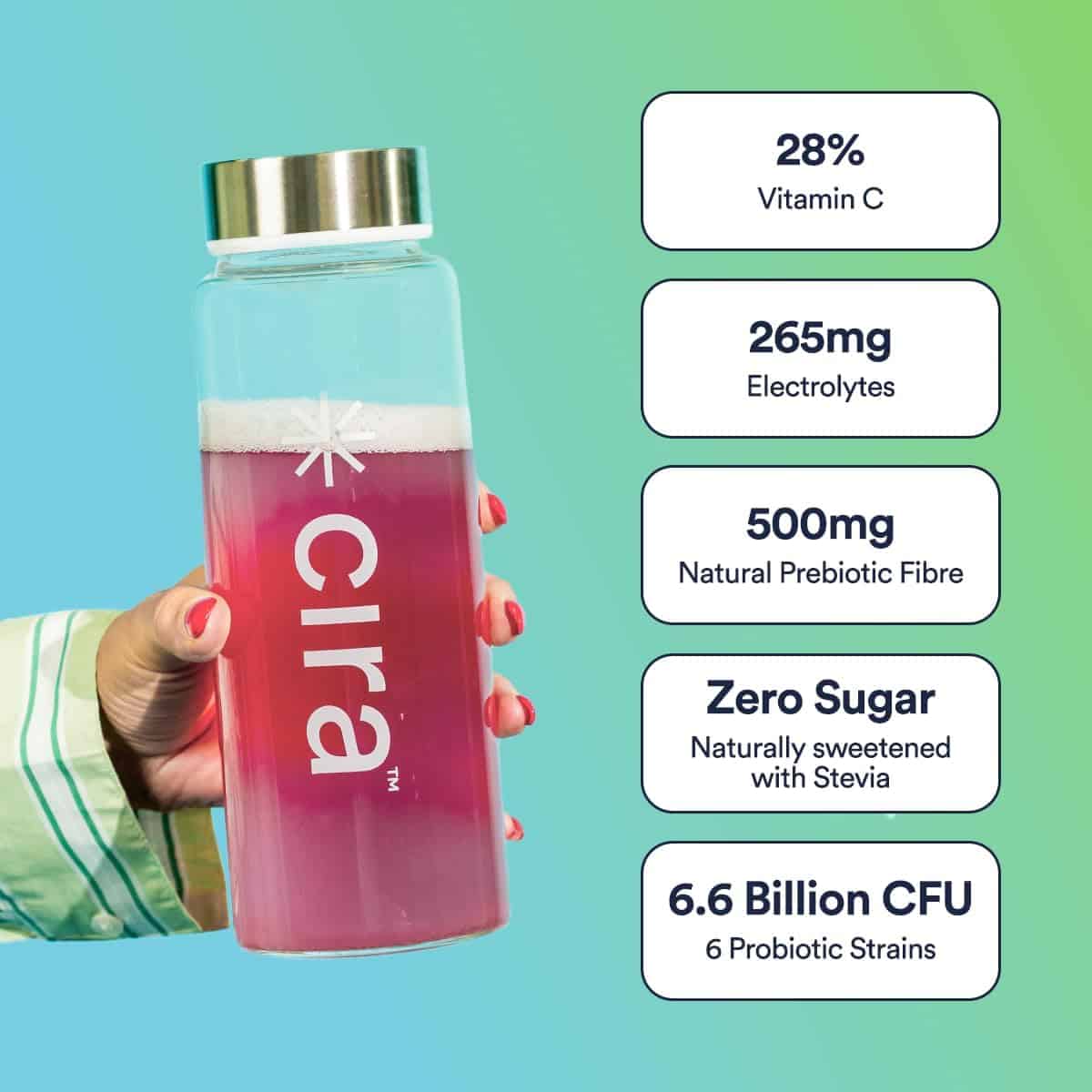Hand holding a 'cira' bottle with health benefits displayed on a gradient background