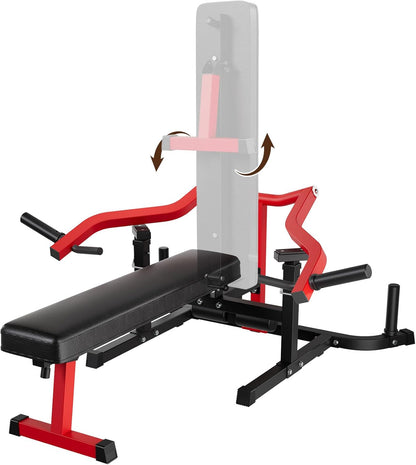 Gym bench with red and black frame on a white background
