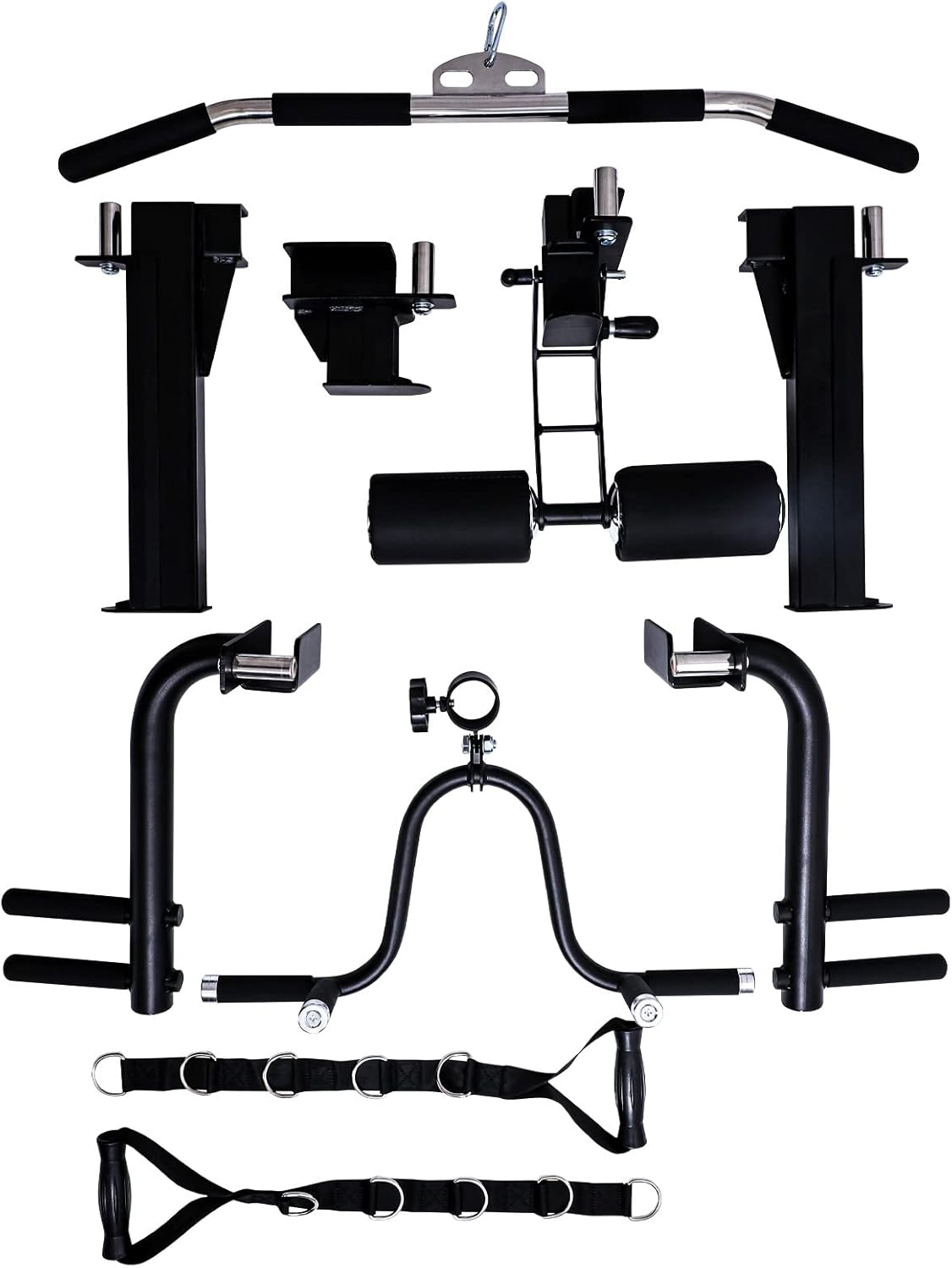 Collection of black gym equipment components on a white background