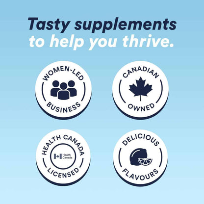 Promotional graphic with badges indicating 'Women-led business', 'Canadian owned', 'Health Canada licensed', and 'Delicious flavours' on a blue background.