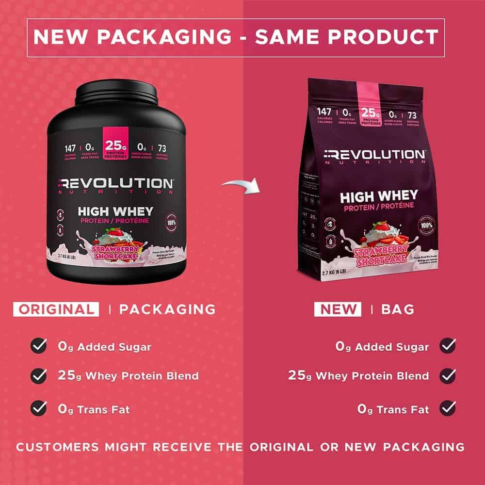 Comparison of Revolution Nutrition protein product packaging on a red background