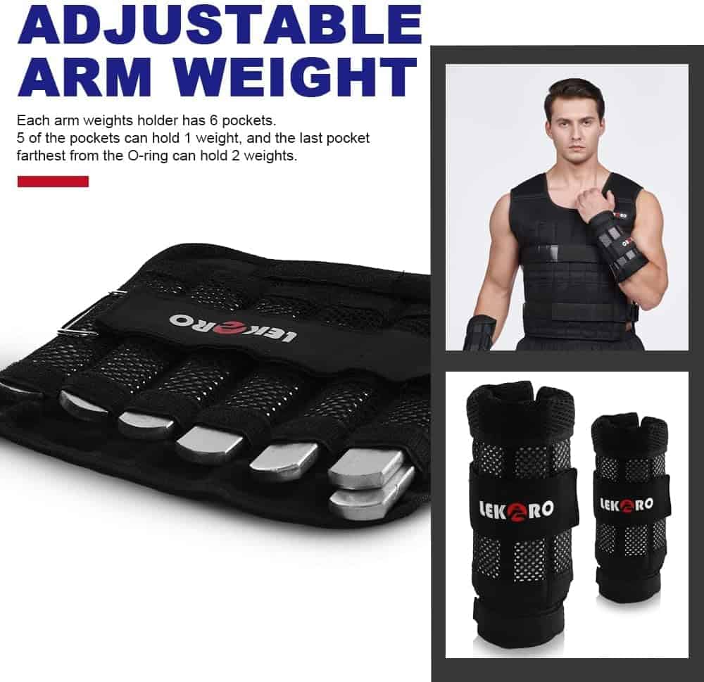 Lekero adjustable arm weight system with packaging, weights, and a person wearing the vest.