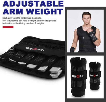 Lekero adjustable arm weight system with packaging, weights, and a person wearing the vest.