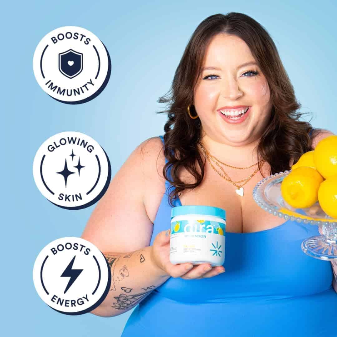 Woman holding a container of yogurt with health benefits icons on a blue background