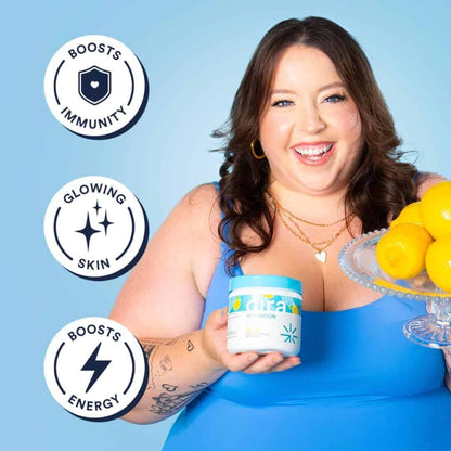 Woman holding a container of yogurt with health benefits icons on a blue background