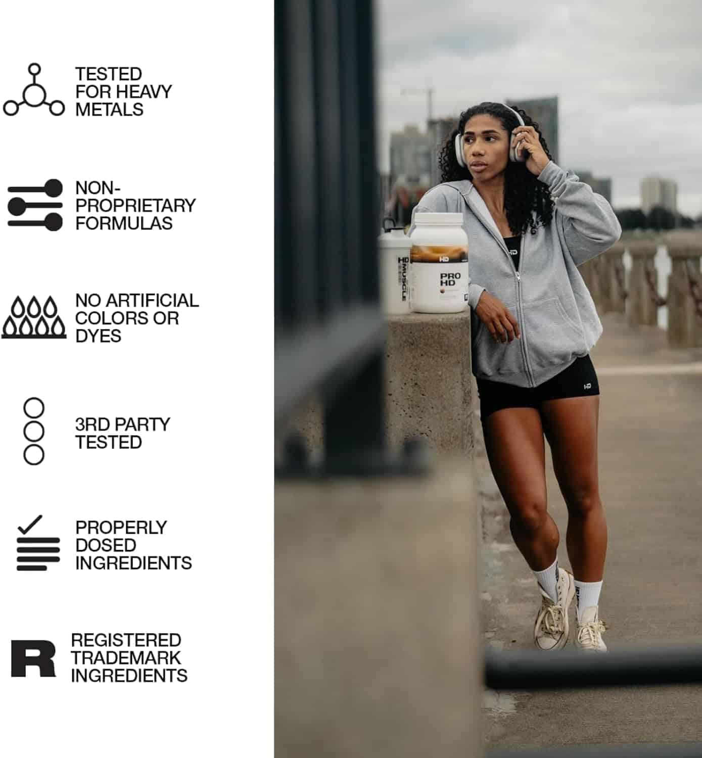 Woman exercising outdoors with health and wellness product branding on the left