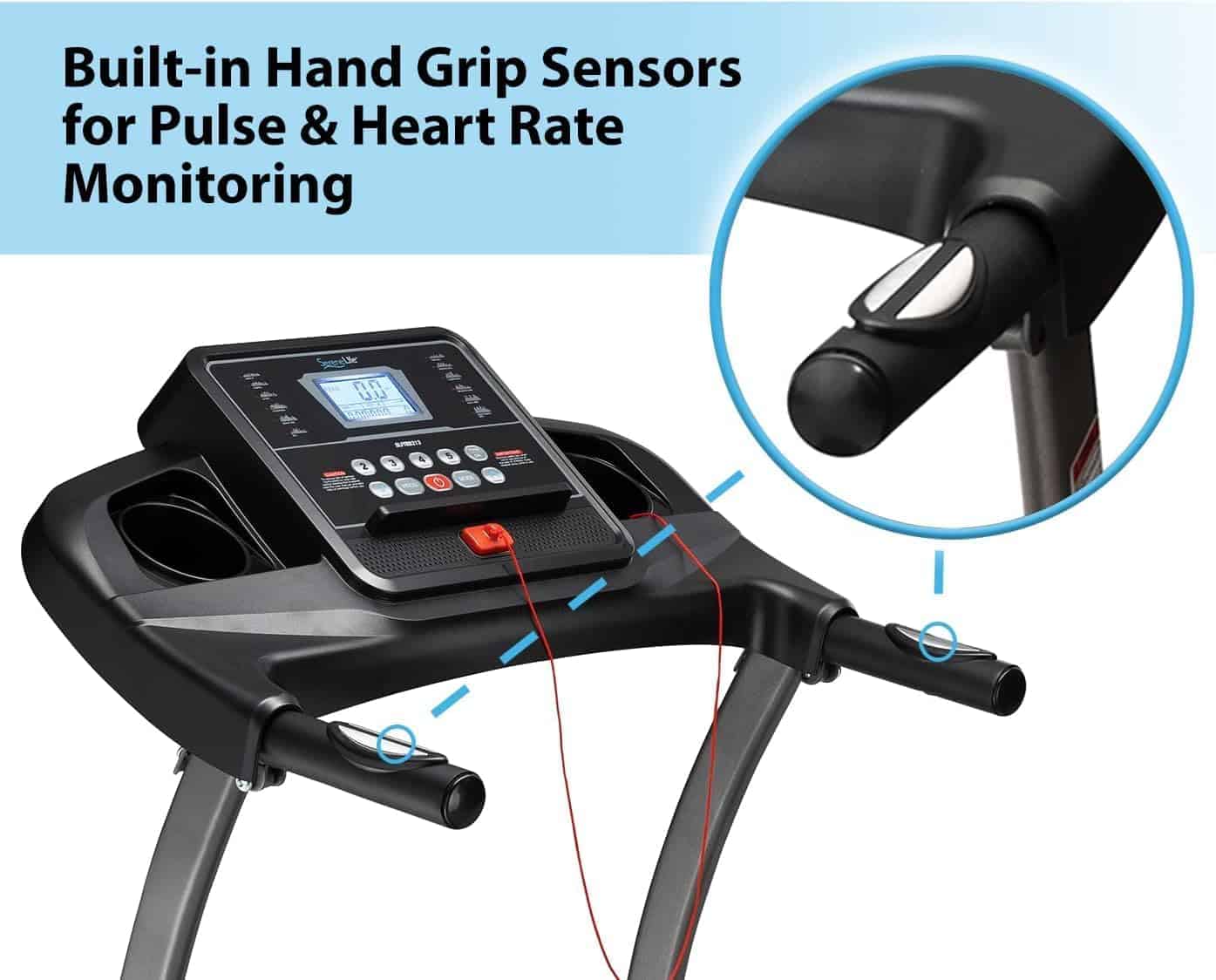 Treadmill with built-in hand grip sensors for pulse and heart rate monitoring