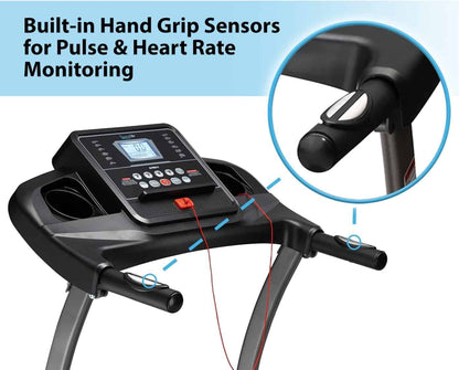 Treadmill with built-in hand grip sensors for pulse and heart rate monitoring