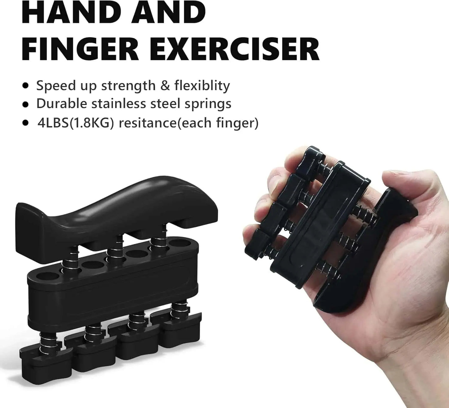 Hand and finger exerciser with a hand holding it, featuring text about its benefits.