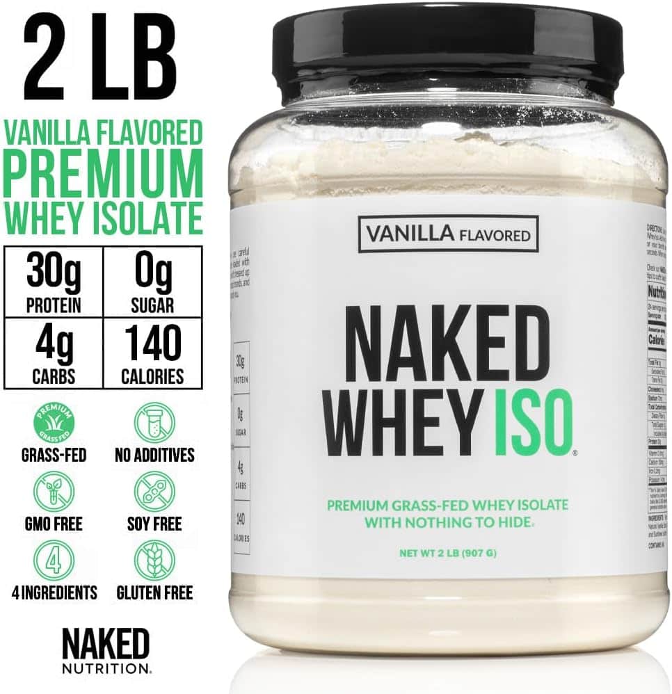 Naked Whey ISO protein powder container with label on a white background