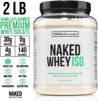 Naked Whey ISO protein powder container with label on a white background