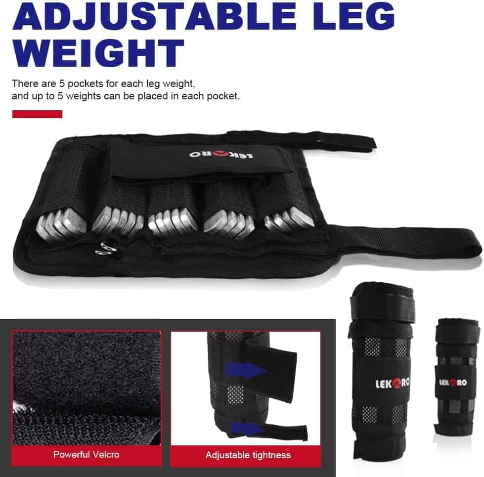 Black adjustable leg weight system with pockets and weights, featuring Lekero branding.