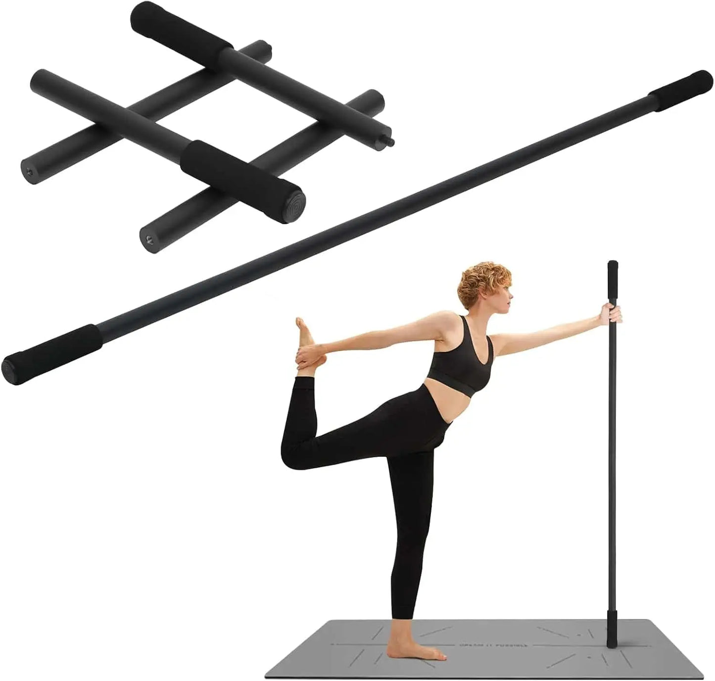 Yoga pole set with a woman demonstrating a yoga pose on a white background